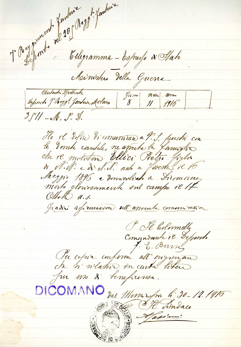 Testo telegramma di Stato che annuncia la morte di Ellici (Foto IDI)