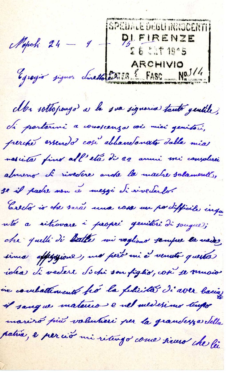 Lettera di Alfredo Chiuri al Commissario degli Innocenti per chiedere informazioni sui propri genitori (Foto IDI)