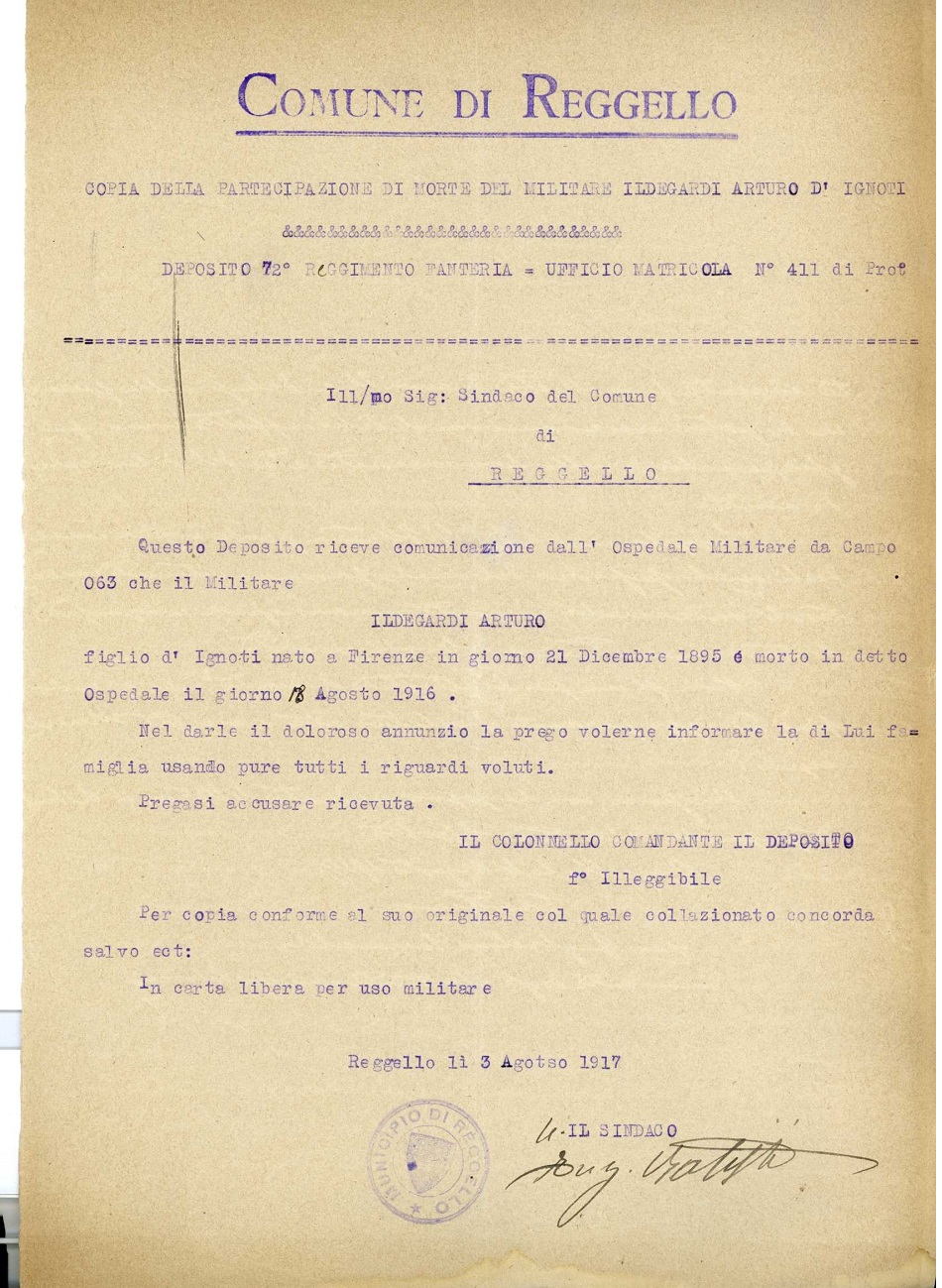 Testo del Telegramma di stato che annuncia la morte di Ildegardi (Foto IDI)