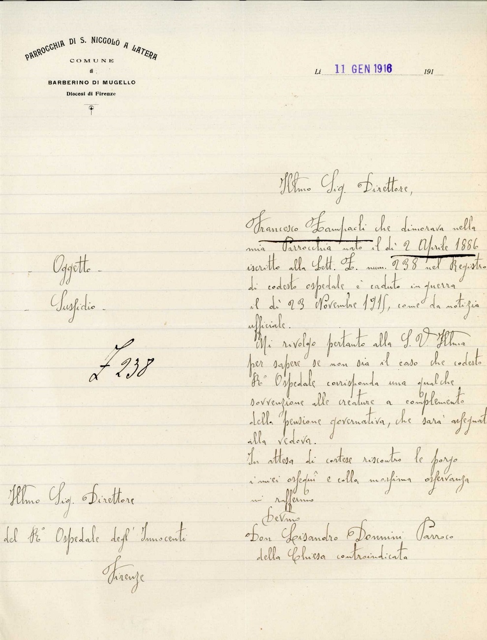 1. Lettera del parroco che chiede per la famiglia di Zampaoli un sussidio (Foto IDI)