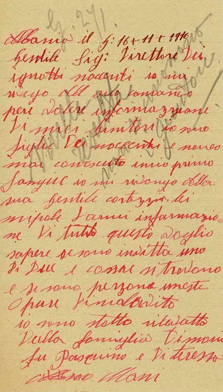 Prima lettera di Oddone Ginuccini che scrive al Commissario per avere notizie sulla propria origine (Foto IDI)